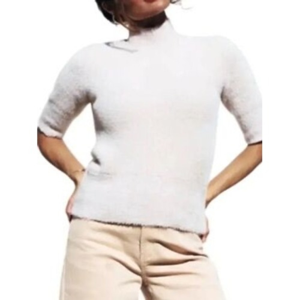 Bailey 44 Beige Fuzzy Mock Neck Short Sleeve Sweater XS